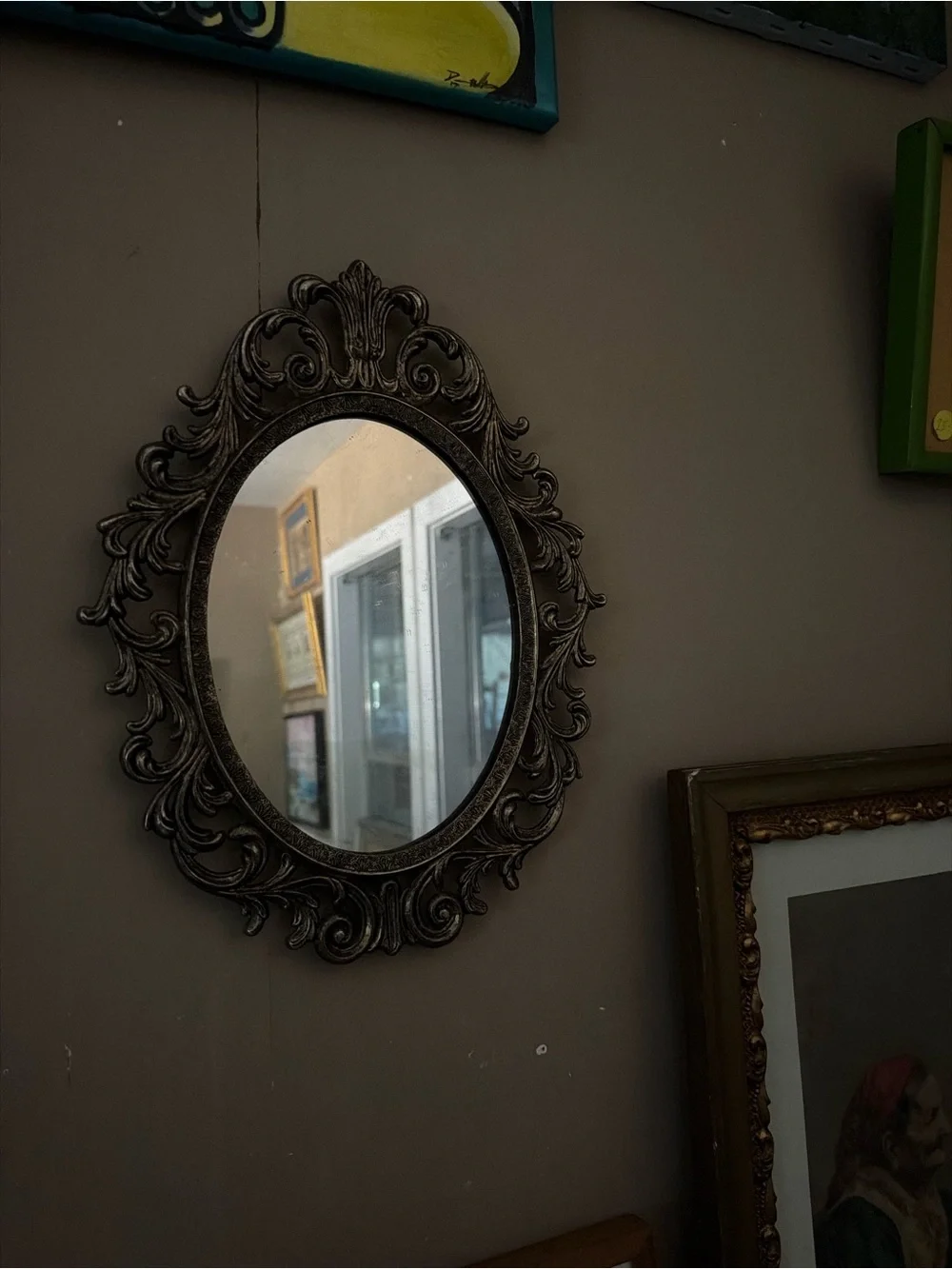 Vintage Ornate Oval Wall Mirror in Antique Bronze 13”